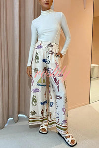 Sail Away Satin Unique Nautical Motifs Print Elastic Waist Pocketed Wide Leg Pants