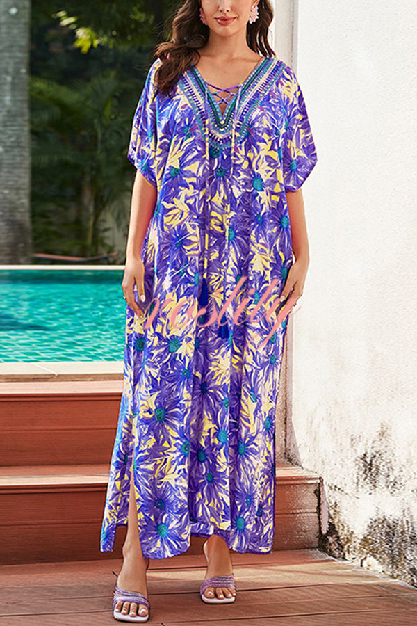 Floral Print V-Neck Lace-Up Loose Holiday Cover-Up Maxi Dress