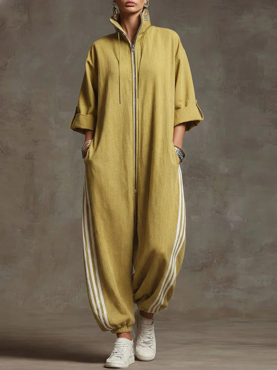 Stand-collar 3/4 Sleeve Casual Loose Hooded Linen Jumpsuit