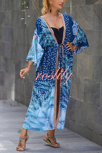 Unique Print Loose Lace Up Holiday Maxi Cover Up