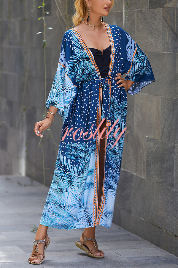 Unique Print Loose Lace Up Holiday Maxi Cover Up