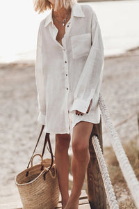 Go To The Beach Linen Blend Pocketed Long Sleeve Oversized Shirt