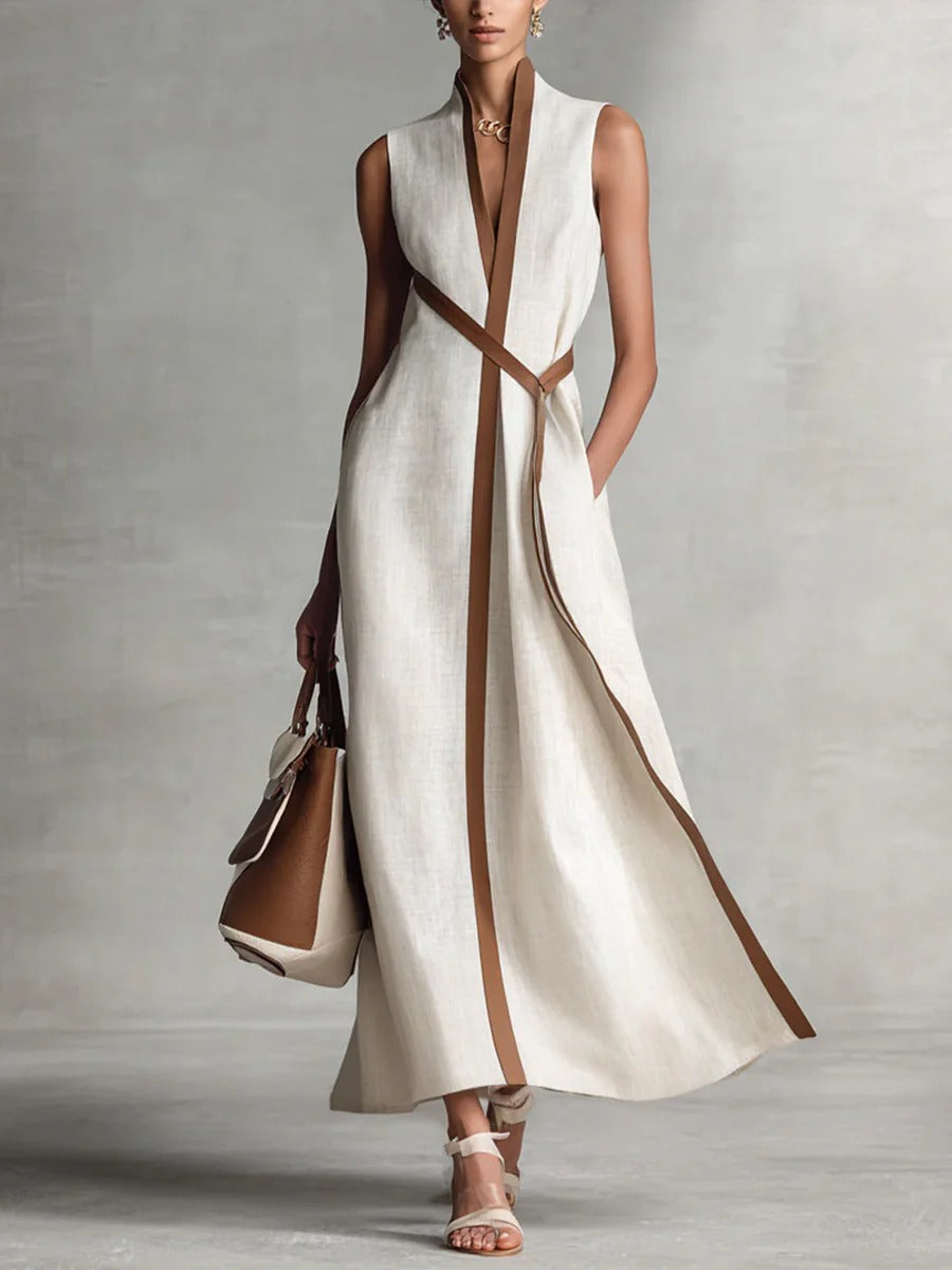 Elegant Contrast Trim Sleeveless Cotton Linen Maxi Dress