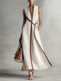 Elegant Contrast Trim Sleeveless Cotton Linen Maxi Dress