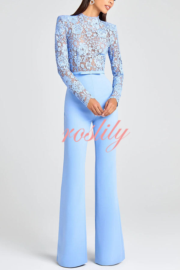 Party Charmer Flower Lace Patchwork Long Sleeve Bow Belted Flare Jumpsuit