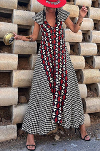 Fresh Breeze Ethnic Unique Print Ruffle Sleeve A-line Maxi Dress