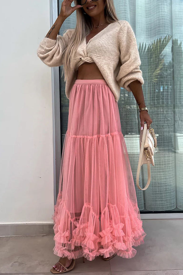 Elegant Tulle Stretch Waist Paneled Pleated Maxi Skirt