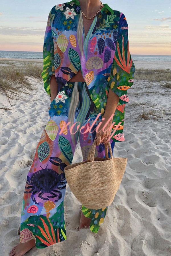 Unique shell Print Oversized Shirt and Elastic Waist Pocket Pants Set