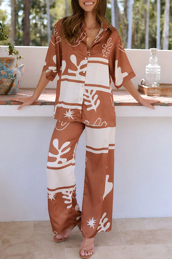 The Beach Girls Unique Color Block Print Button Up Shirt and Elastic Waist Pants Set