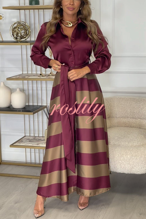 Lindsey Satin Colorblock Contrast Long Sleeve Belted Shirt Maxi Dress