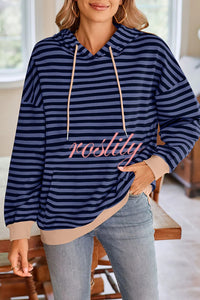 Striped Print Long Sleeve Pocket Loose Hoodie