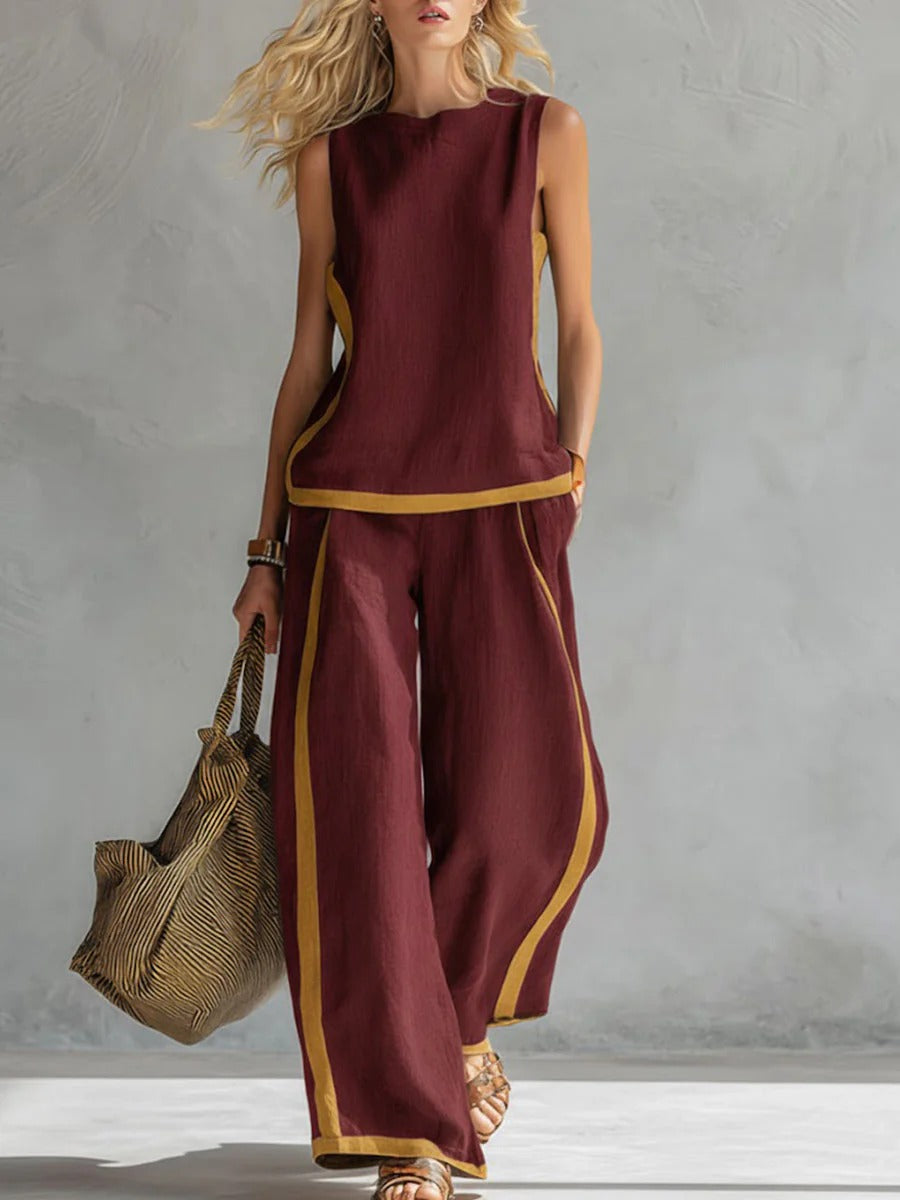 Round Neck Sleeveless Loose Top And High-waisted Wide-leg Pants Cotton And Linen Set