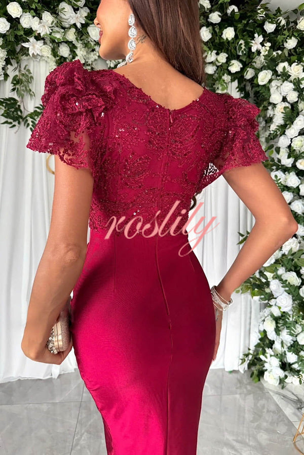 Dreamy Luxury Lace and Satin Patchwork Ruffle Sleeve Ruched Midi Dress