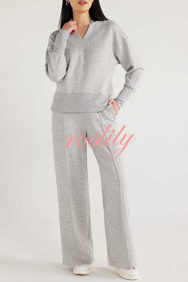 Weather Gets Cold Solid Color V-neck Top and Elastic Waist Pocketed Lounge Pants Set