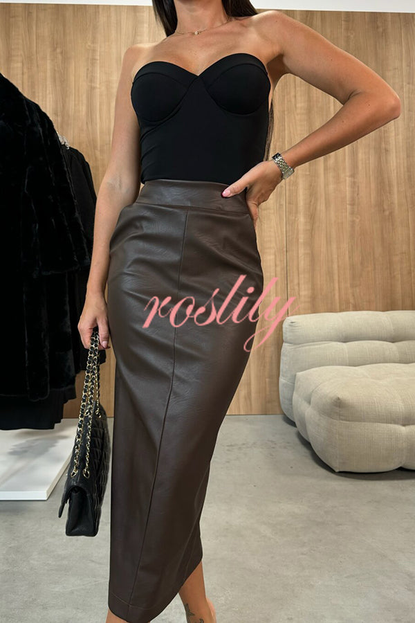 Lindsey Faux Leather High Rise Pocketed Slit Stretch Midi Skirt