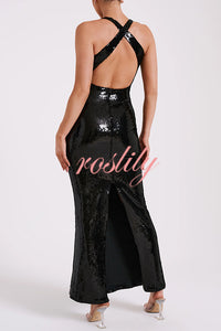 Sicilian Rose Sequin Three-dimensional Floral Sexy Backless Maxi Dress