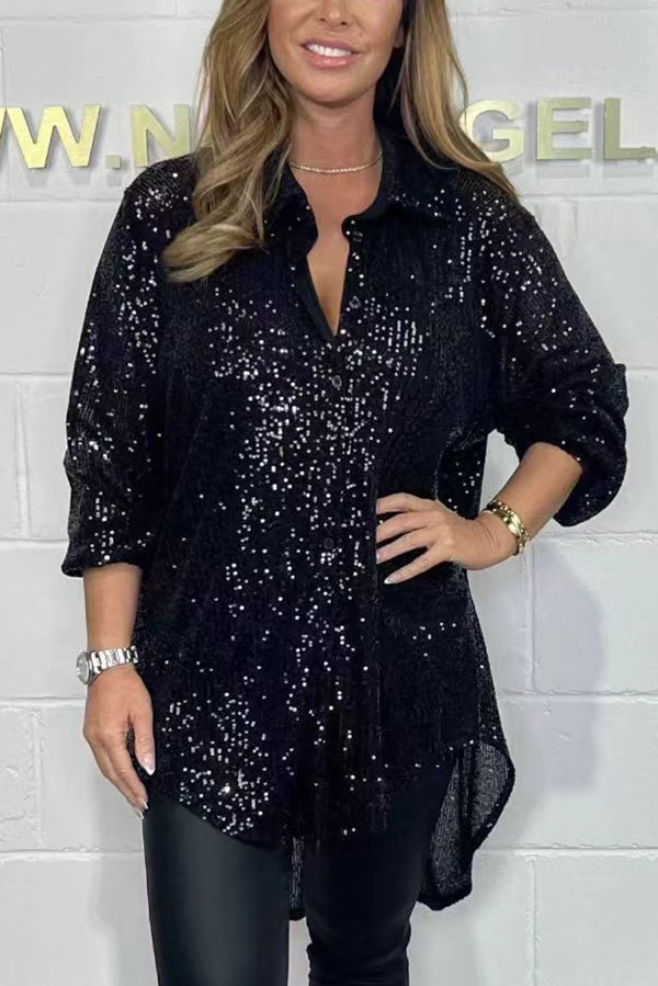 Party Season Solid Color Sequin Button Long Sleeve High Low Shirt