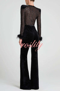 Monique Fish Scale Lace Sequin Velvet Patchwork Feather Trim Belted Stretch Flare Jumpsuit