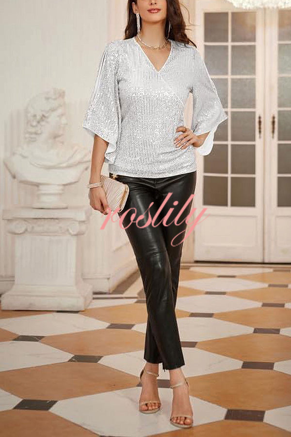 Solid Color Sequined V-neck Hollow Sleeve Slim Fit Top