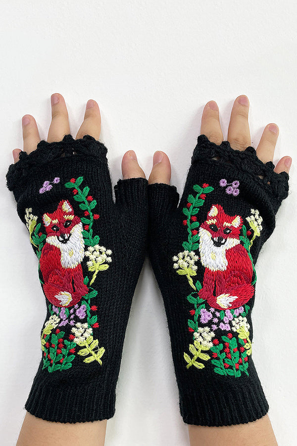 Plant Fox Embroidery Warm Knitted Gloves