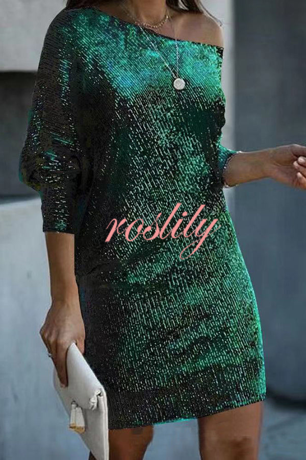 Solid Sequined Off-shoulder Loose Mini Dress