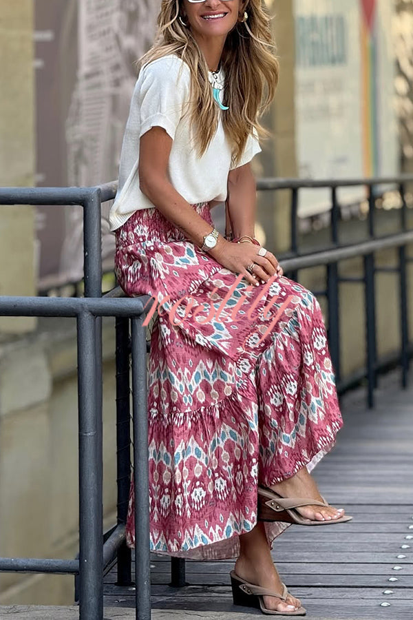 Resort Style Unique Print Pleated Elastic Waist Maxi Skirt