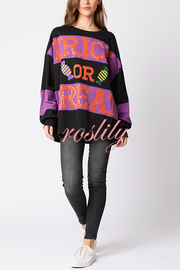 Halloween Letter Sequined Color Block Loose Casual Sweatshirt