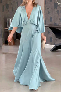 Solid Color V Neck High Waist Slit Casual Maxi Dress