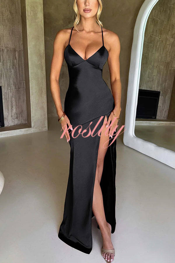 Satin Solid Color Sexy Backless Lace Up High Slit Maxi Dress