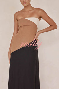 Calissa Asymmetrical Colour Block Strapless Pocketed A-line Maxi Dress