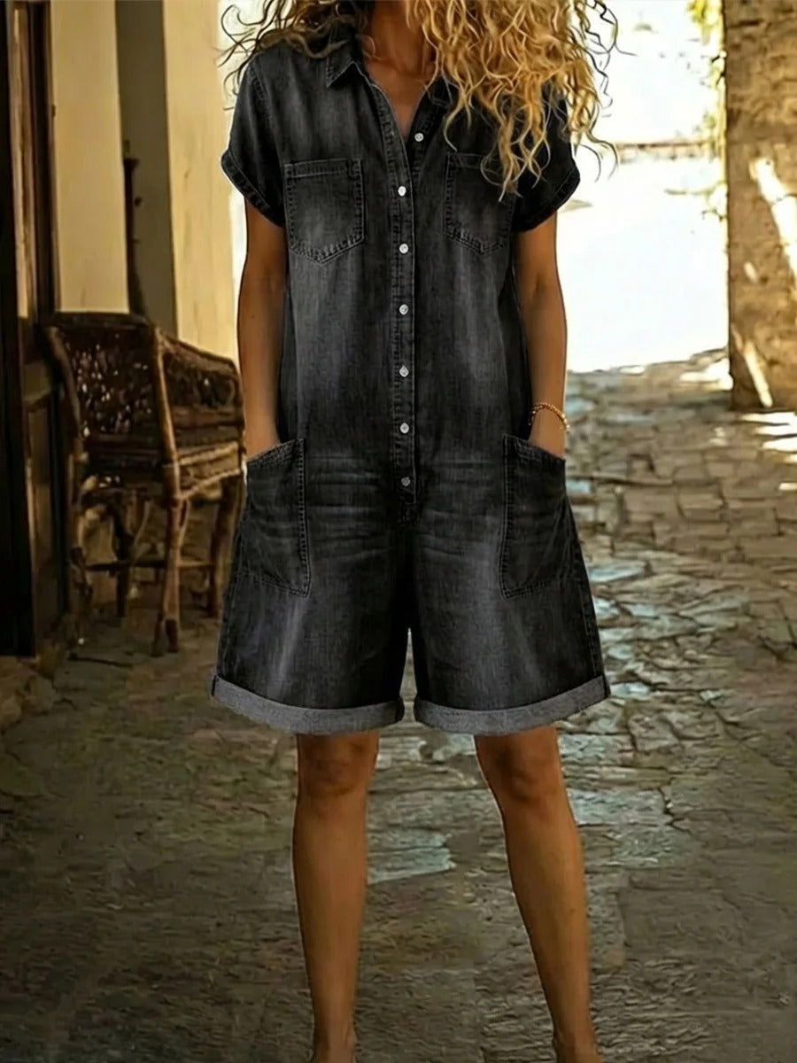 Casual Cotton Denim Jumpsuit Shorts