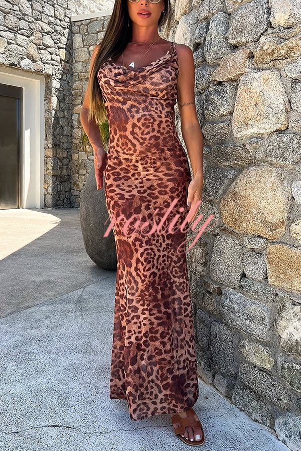 Leopard Print Sexy Strap Holiday Cover Up Maxi Dress