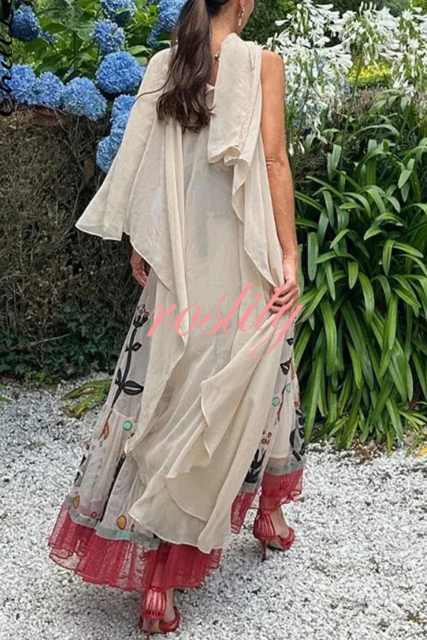 Botanical Print Chiffon Sling Backless Resort Maxi Dress