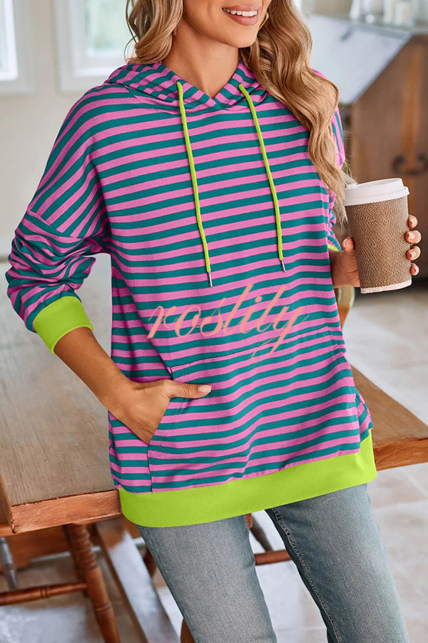 Striped Print Long Sleeve Pocket Loose Hoodie