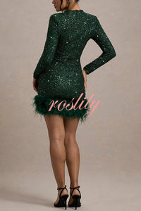 Party Must-have Sequin Long Sleeve Feather Trim Stretch Mini Dress