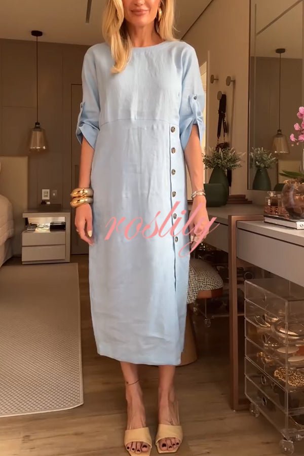 Ultra-comfortable Linen Blend Half Sleeve Front Button Detail Relaxed Pocket Midi Dress