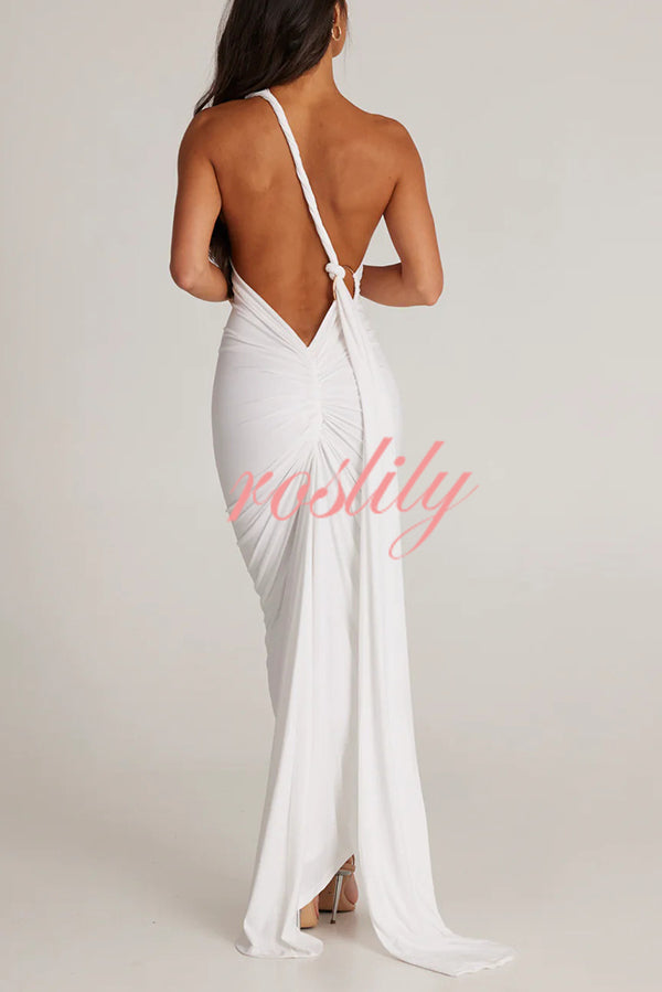 Sexy Backless Pleated Slim Solid Color Sleeveless Elegant Maxi Dress