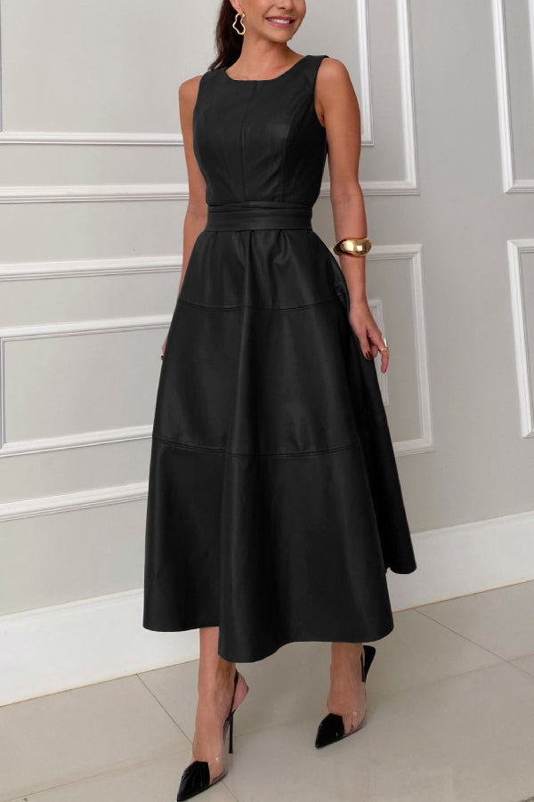 Chic Ensemble Faux Leather Princess Line Back Zipper Umbrella Midi Dress