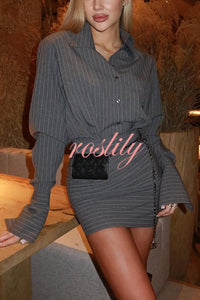 Striped Print Long Sleeve Button-Down Shirt and Hip-Wrap Mini Skirt Set