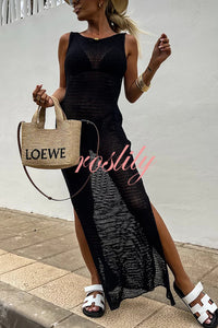 Solid Color Knitted Cutout Slit Slim Fit Maxi Dress