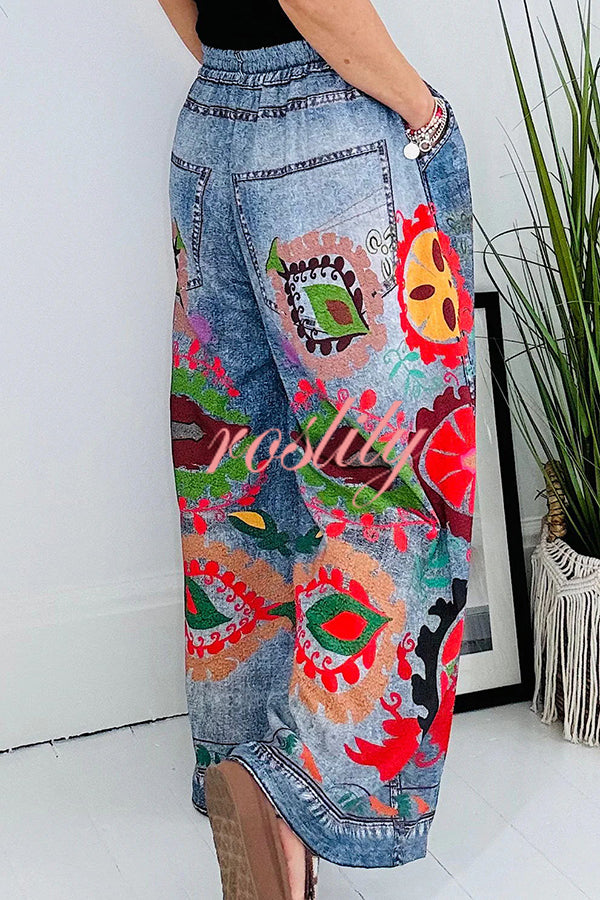 Hippie Style Unique Floral Denim Print Elastic Waist Pocketed Wide Leg Pants