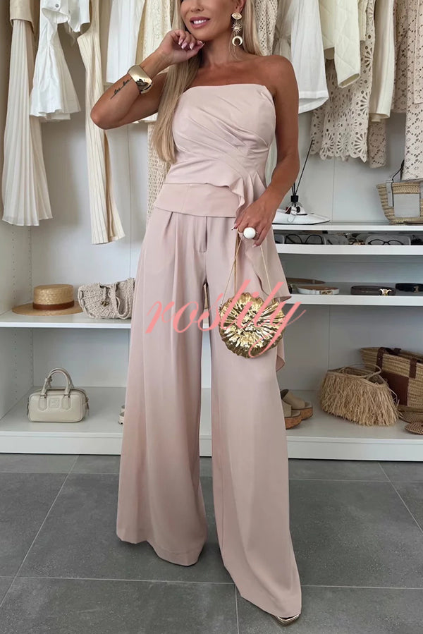 Elegant Solid Color Asymmetric Ruffles Bandeau Top and High Waist Wide Leg Pants Set