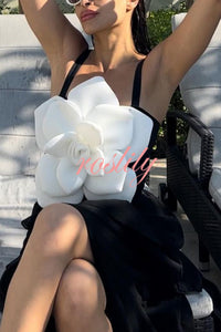 Fashionable Contrast Color Large Flower Stretch One-piece Swimsuit