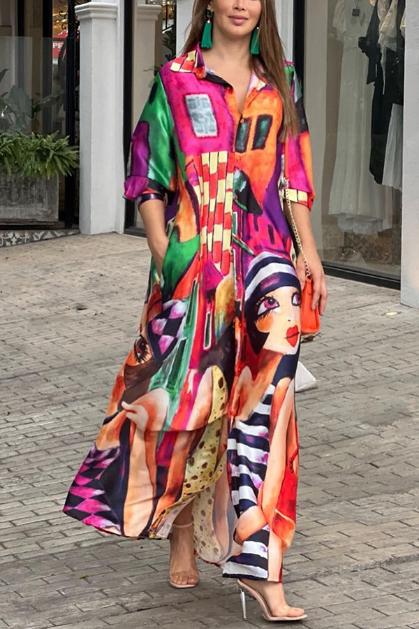 Prettiest Smile Cartoon Face Print Pocketed Shirt Maxi Dress