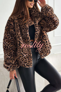 Stylish Leopard Print Lapel Long Sleeve Short Coat