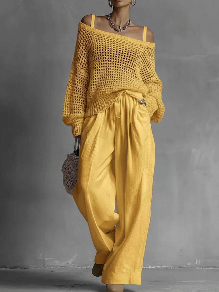 Luxe Open-Knit Top & Wide-Leg Pants Set