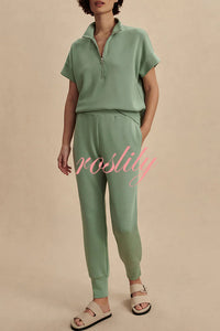 Comfortable and Relaxed Zip-up Short Sleeve Sweatshirt and Elastic Waist Pocket Stretch Pants Set