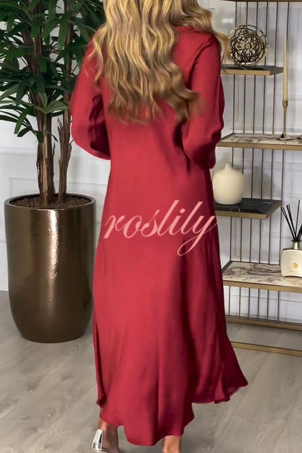 Solid Color V-neck Long-sleeved Loose Draped Maxi Dress