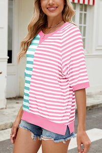 Striped Color Block Print Crew Neck Short Sleeve Loose Top