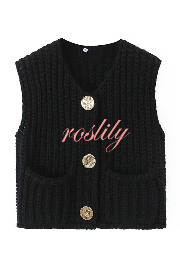 Solid Color Sleeveless Pocket Knitted Vest